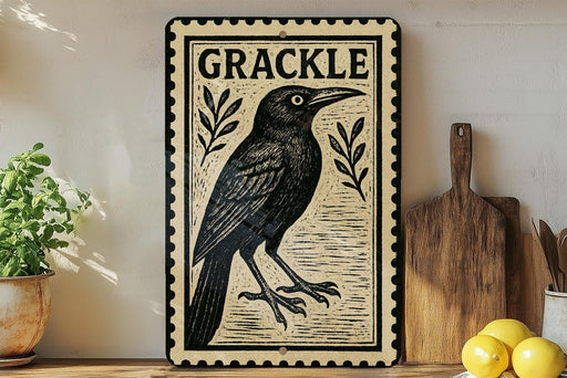 a black and white sign with a bird illustration, placed on a wooden surface next to a wooden cutting board and some lemons.