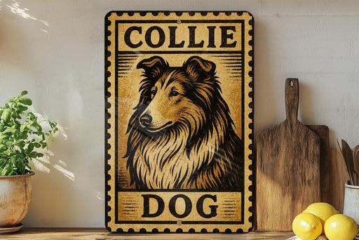 A framed metal sign with a collage of a collie dog image, placed on a shelf next to a wooden cutting board and some lemons.