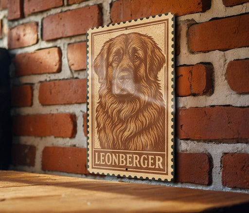 A wooden table with a framed image of a dog, specifically a Leonberger, on the wall behind it.