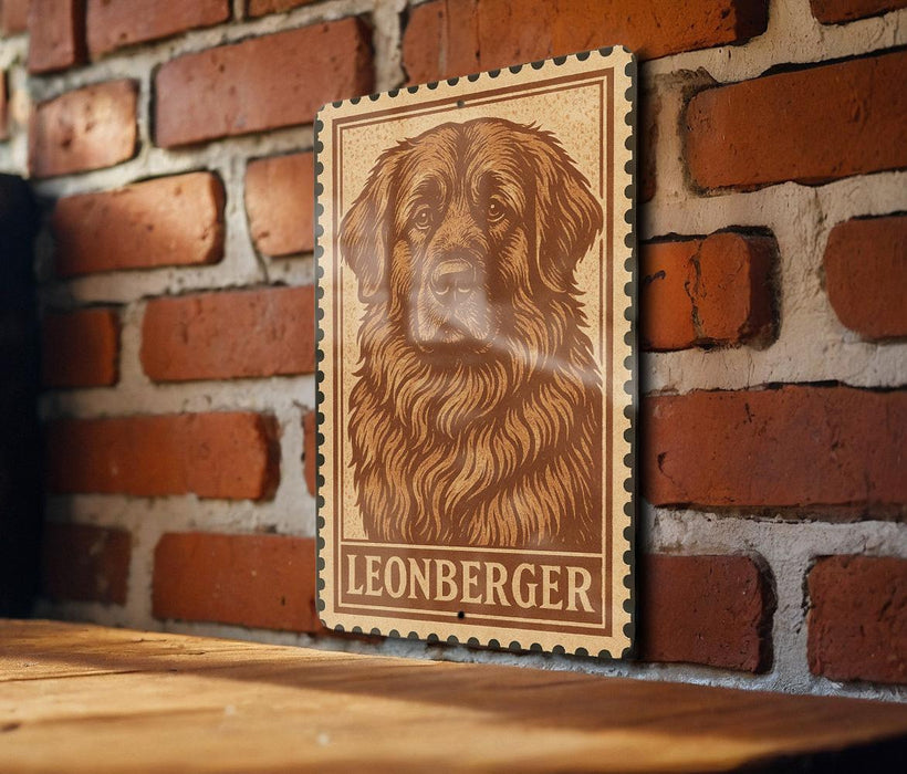 A wooden table with a framed image of a dog, specifically a Leonberger, on the wall behind it.
