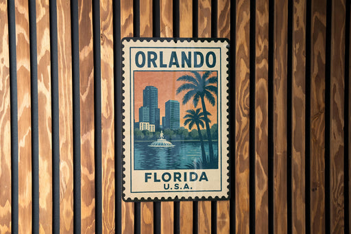 A vintage-style postage stamp from Florida, featuring a cityscape with palm trees and a fountain, is displayed on a wooden wall.
