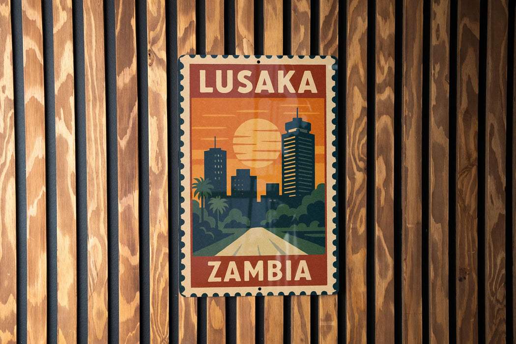 A vintage-style postage stamp from Zambia, featuring a cityscape with tall buildings and a sunset in the background.