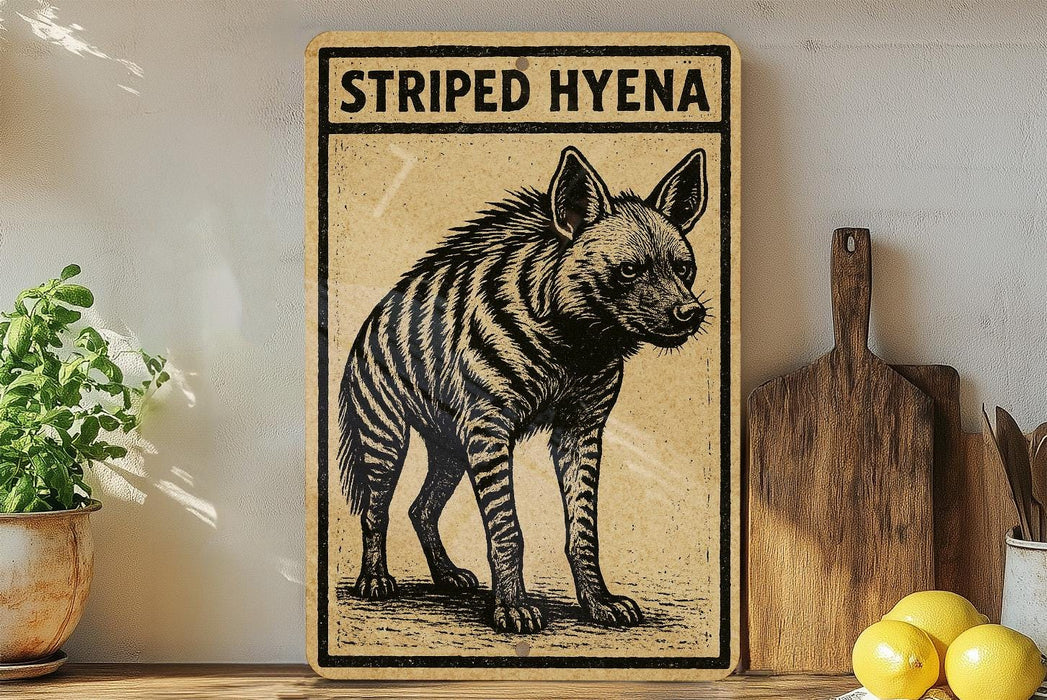 a wooden sign with a black and white illustration of a striped hyena, placed on a wooden surface next to a wooden cutting board and some lemons.