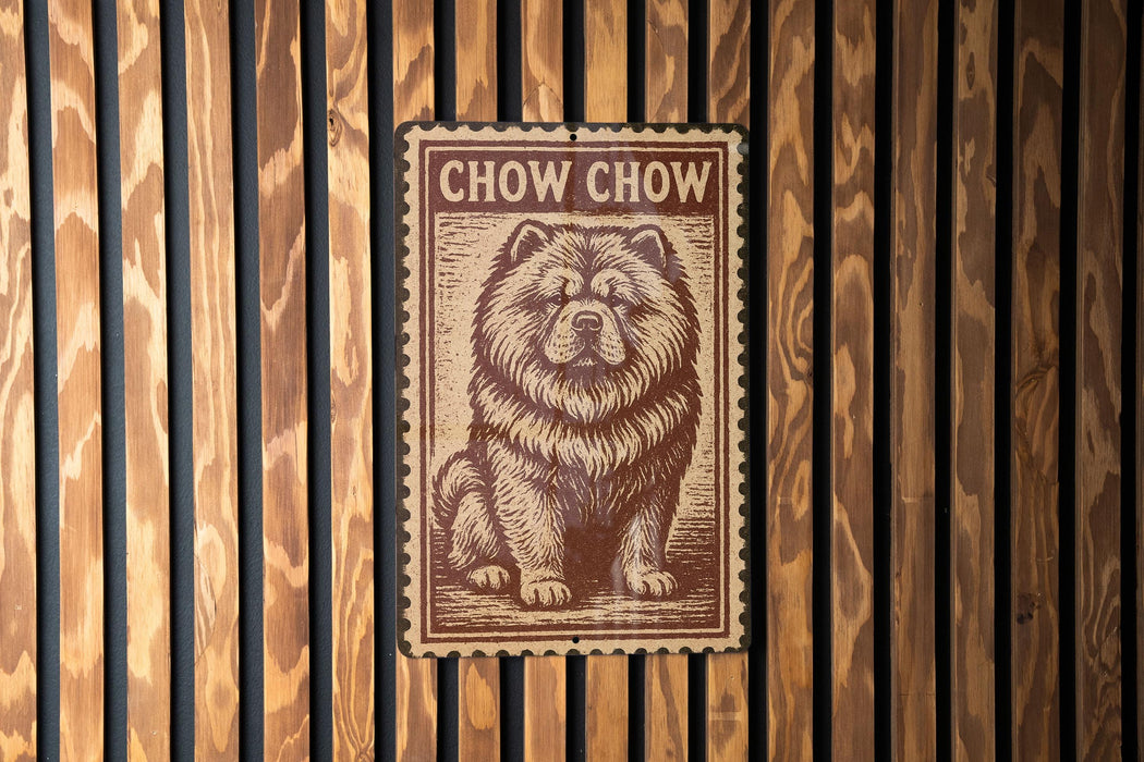 a chow chow dog, a large and fluffy breed of dog, depicted in a wooden frame.