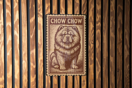 a chow chow dog, a large and fluffy breed of dog, depicted in a wooden frame.