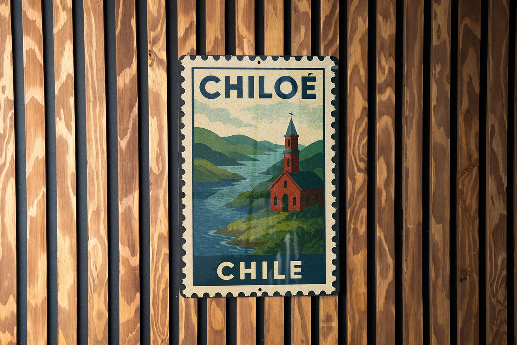 A vintage-style metal sign with a red building and a church steeple, mounted on a wooden wall.