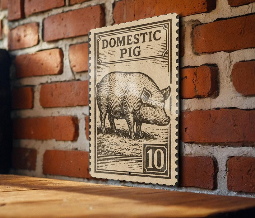 a wooden table with a vintage-style stamp or postcard featuring a pig illustration on it, mounted on a brick wall.
