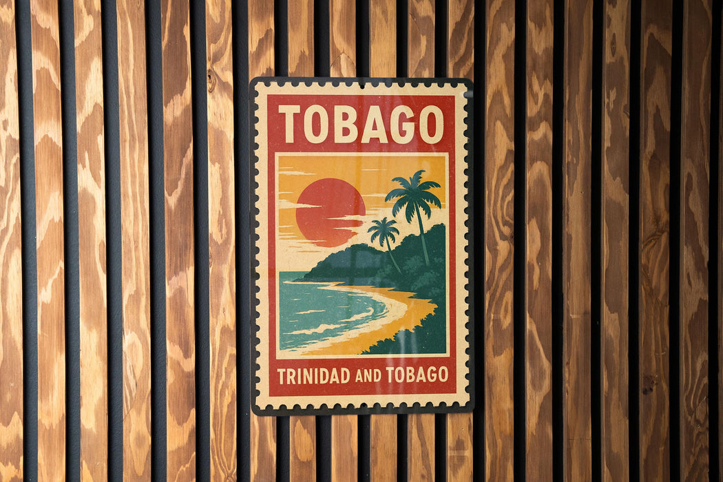 A vintage-style poster of a tropical beach scene with palm trees and a sunset, mounted on a wooden wall.