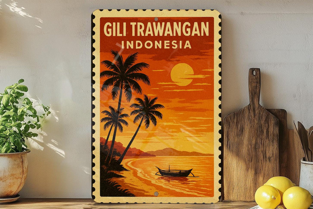 A vintage-style poster of a tropical beach scene with palm trees, a boat, and a sunset over the ocean, displayed on a wall next to a wooden cutting board and a potted plant.