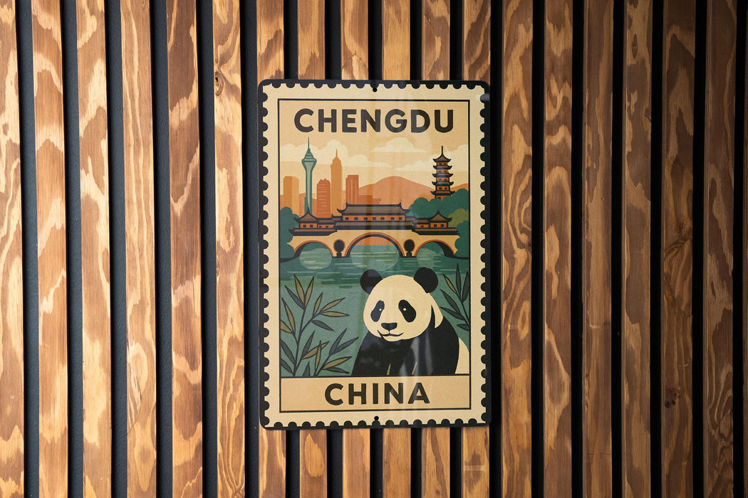 A poster of a panda bear and the city of Chengdu, China, displayed on a wooden wall.
