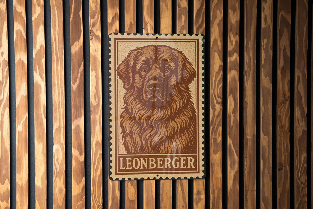 A metal sign featuring a large illustration of a dog's face, with the word "LEONBERGER" written below it, is mounted on a wooden wall.