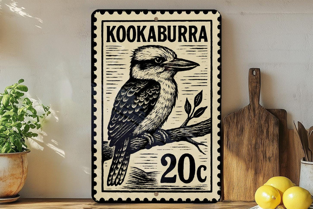 A metal sign with a black and white illustration of a bird, likely a kookaburra, and the text "KOOKABURRA 20c" printed on it. The sign is displayed on a shelf next to a wooden cutting board and some kitchen utensils.