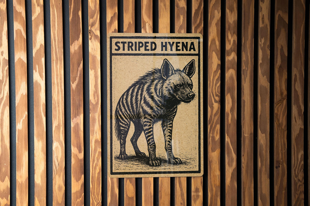 A sign with the text "STRIPPED HYENA" and an illustration of a striped hyena is displayed on a wooden wall.