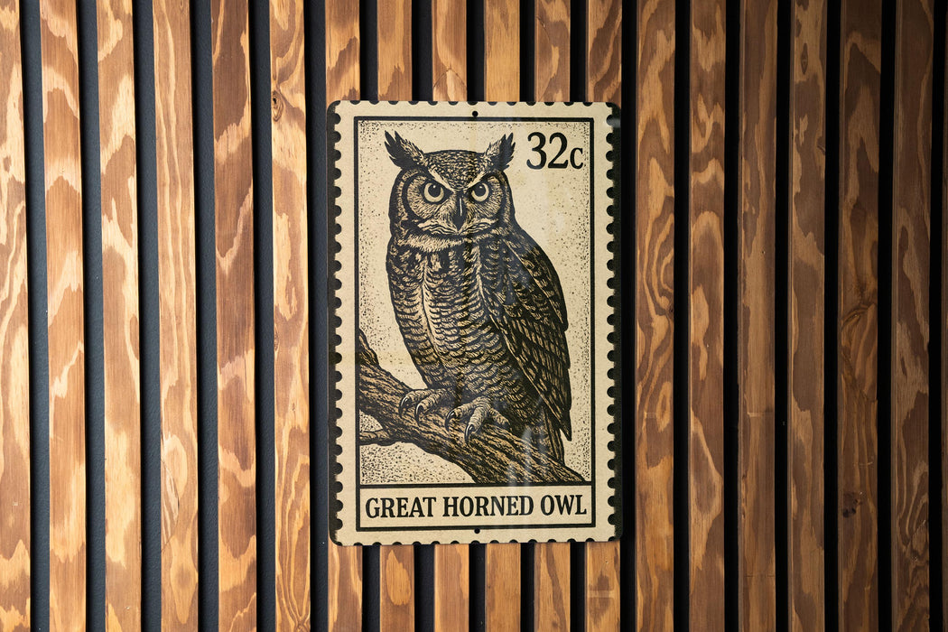 A postage stamp featuring a great horned owl is displayed against a wooden background.