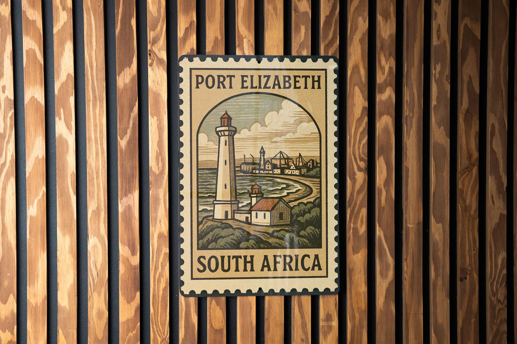 A vintage-style postage stamp from Port Elizabeth, South Africa, featuring a lighthouse and a coastal town.