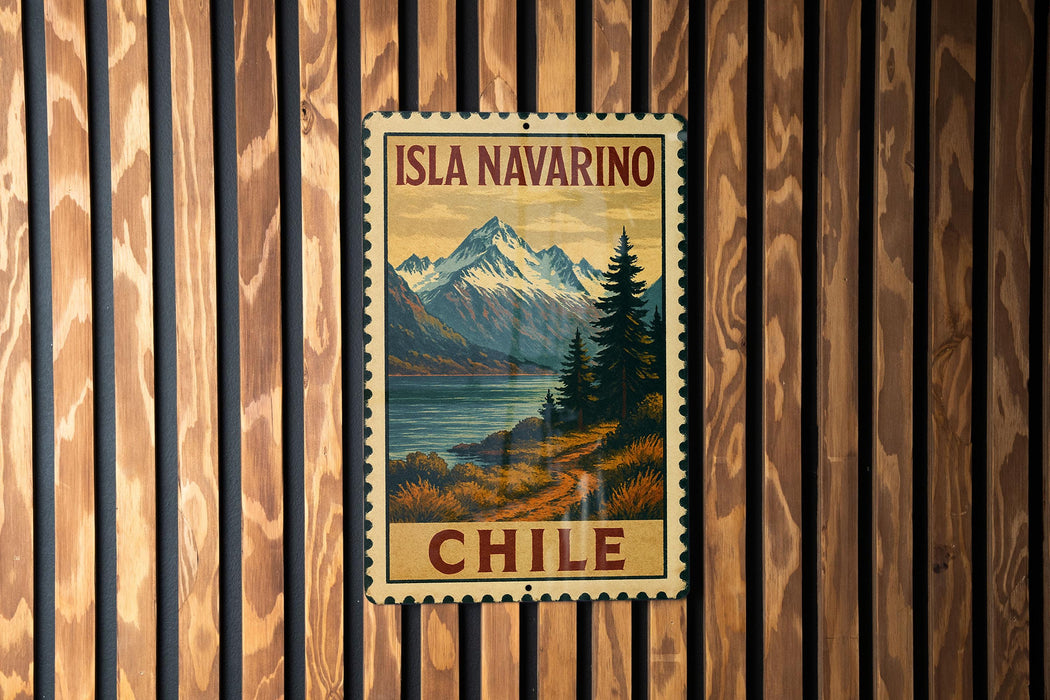 A vintage-style metal sign with the text "ISLA NAVARINO CHILE" is displayed on a wooden wall.