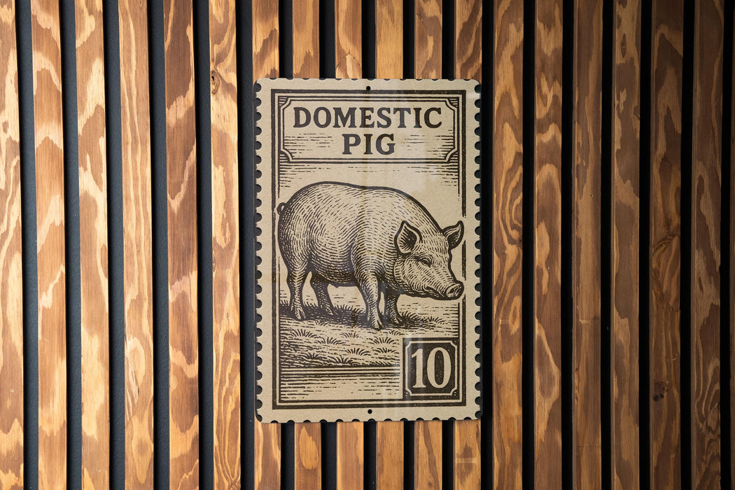 a pig stamp on a wooden wall.