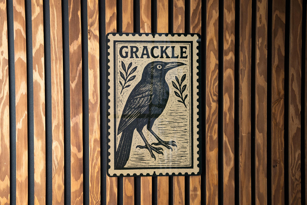 a black and white illustration of a bird, which appears to be a stamp-like design, mounted on a wooden wall.