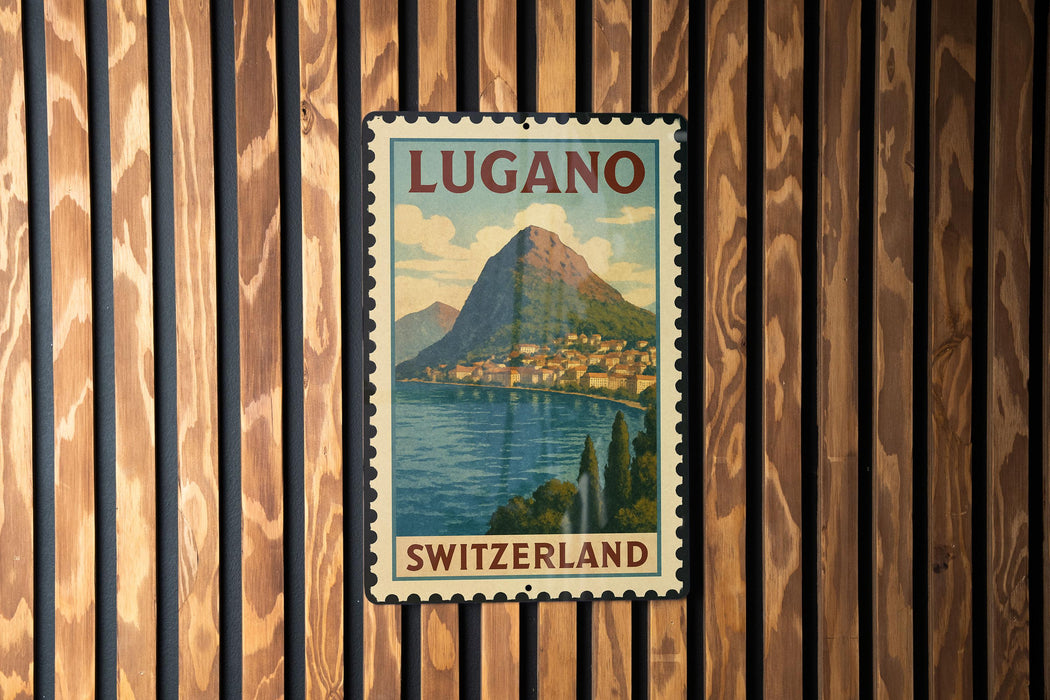 A vintage postage stamp from Switzerland featuring a mountain landscape with a town below.