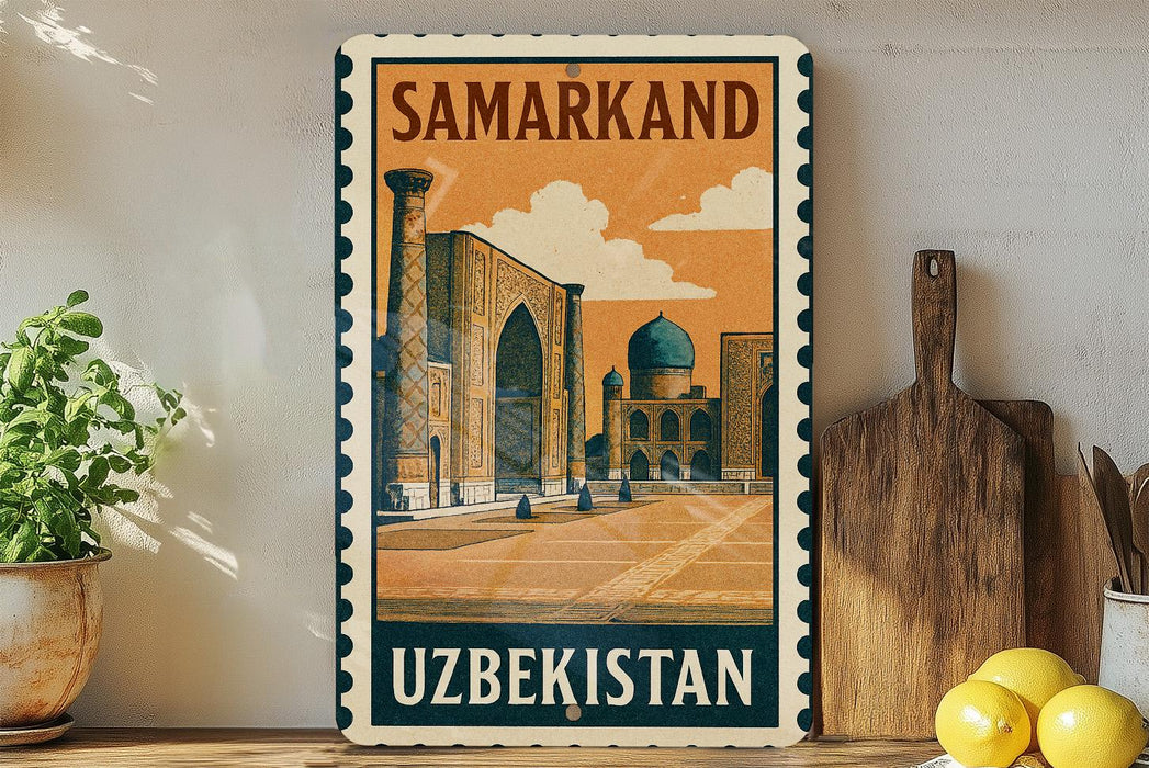 A vintage-style postage stamp from Uzbekistan featuring an illustration of a mosque, with a wooden cutting board and lemons in the foreground.