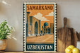 A vintage-style postage stamp from Uzbekistan featuring an illustration of a mosque, with a wooden cutting board and lemons in the foreground.