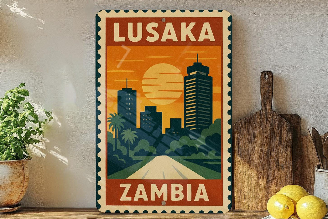 A vintage-style metal sign with the text "LUSAKA ZAMBIA" displayed prominently, featuring an illustration of a cityscape with a sunset in the background.