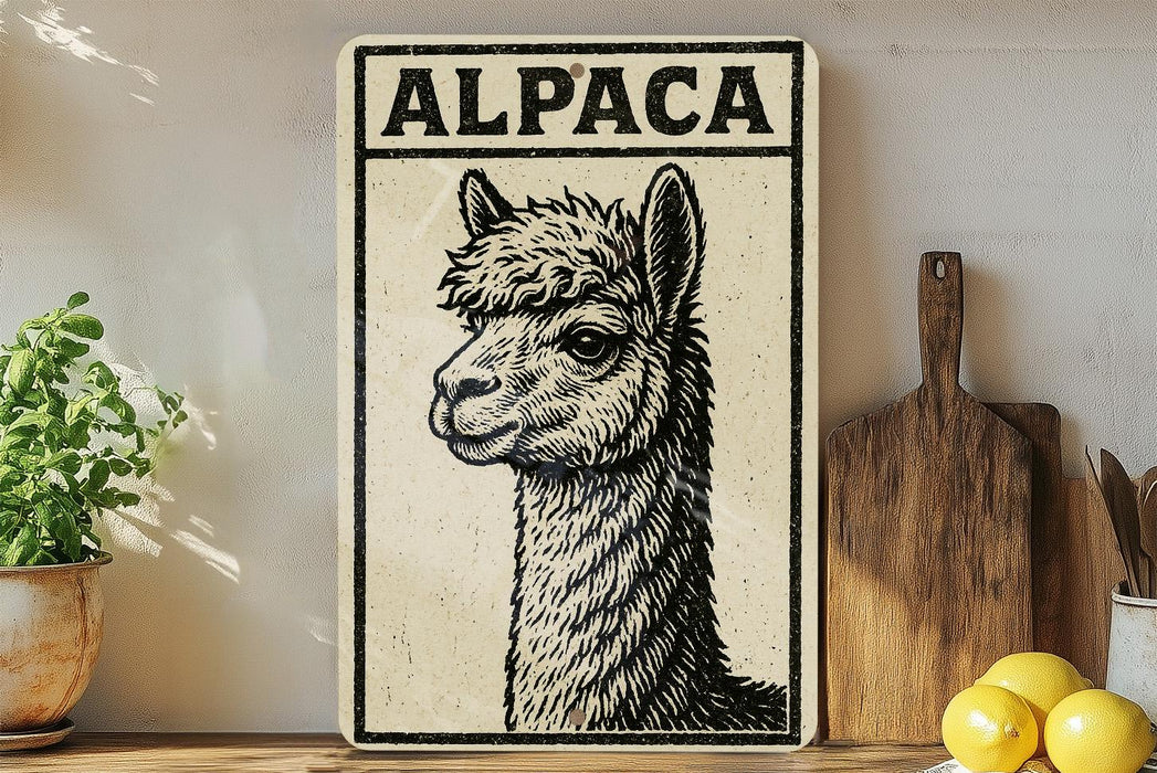 a wooden cutting board, a potted plant, and a sign with an illustration of an alpaca.