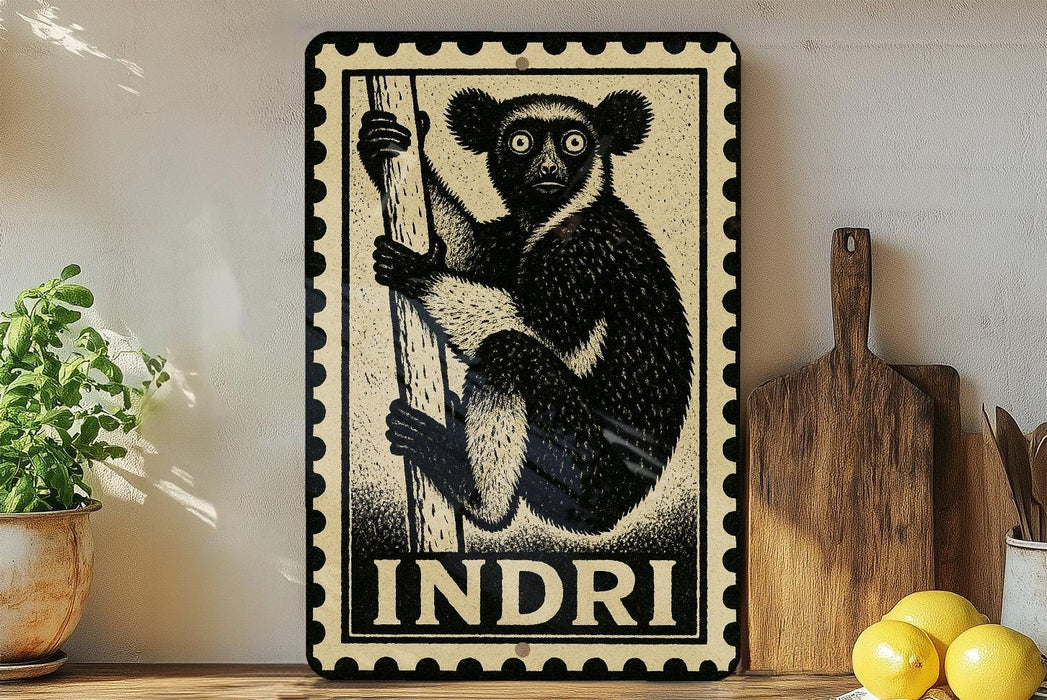 a framed illustration of a lemur, a type of primate, on a wooden shelf.