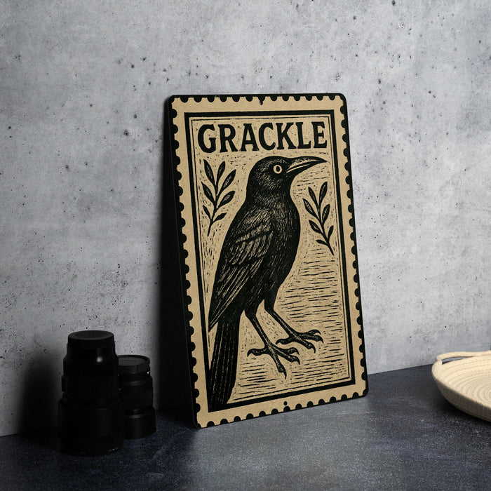 a black and white illustration of a bird, specifically a crow, on a wooden frame with the word "GRACKLE" written on it. The bird is depicted in a standing position, with its wings spread out. The wooden frame and the bird illustration are placed on a gray countertop, with a stack of black camera lenses and a white dish visible in the background.