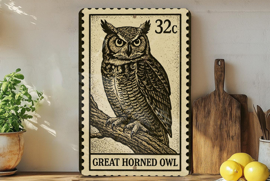 A framed stamp-like artwork depicting a great horned owl, with the text "GREAT HORNED OWL" below the image.