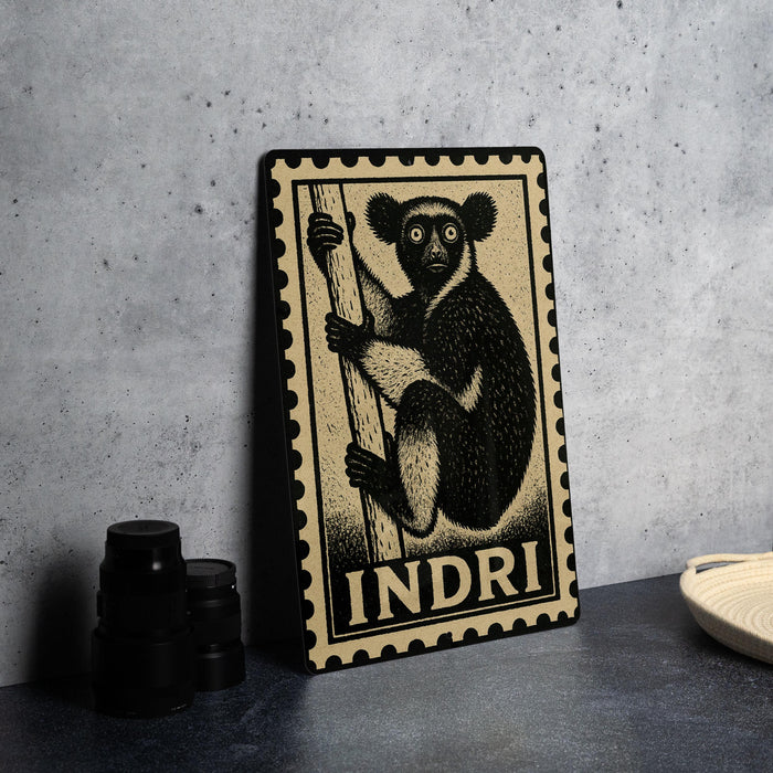 a framed illustration of a lemur, a type of primate, on a black and white background.