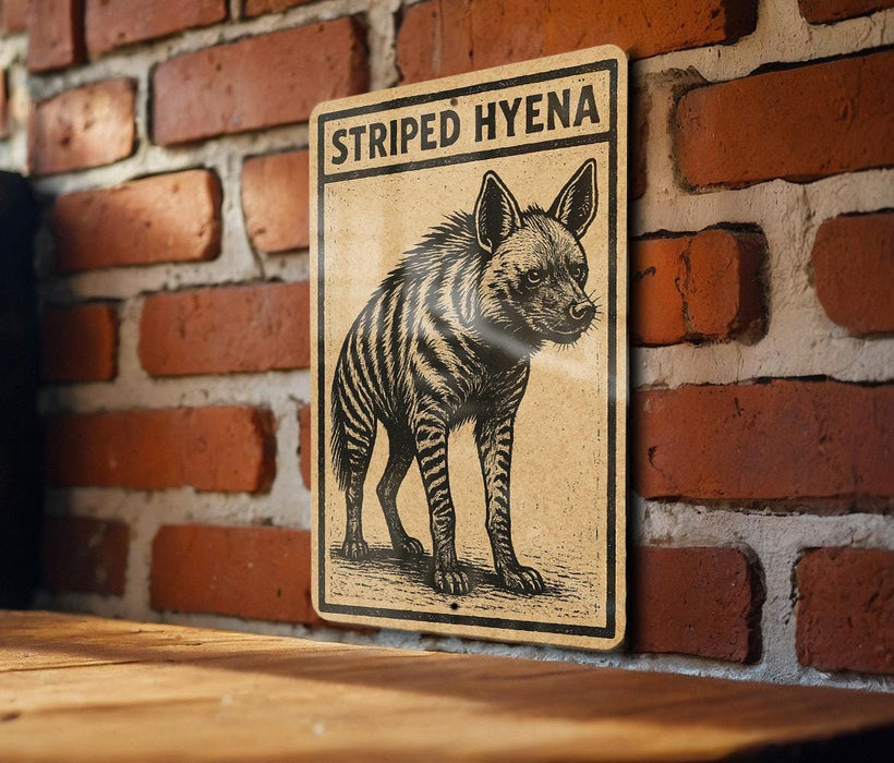 a sign with a striped hyena illustration on a brick wall.