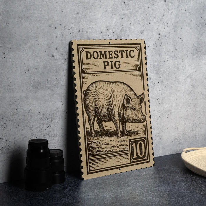 a wooden sign with a pig illustration, placed on a table next to some black camera lenses.