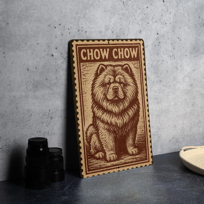 a wooden sign with a chow chow dog illustration on it, placed on a table next to some black camera lenses.