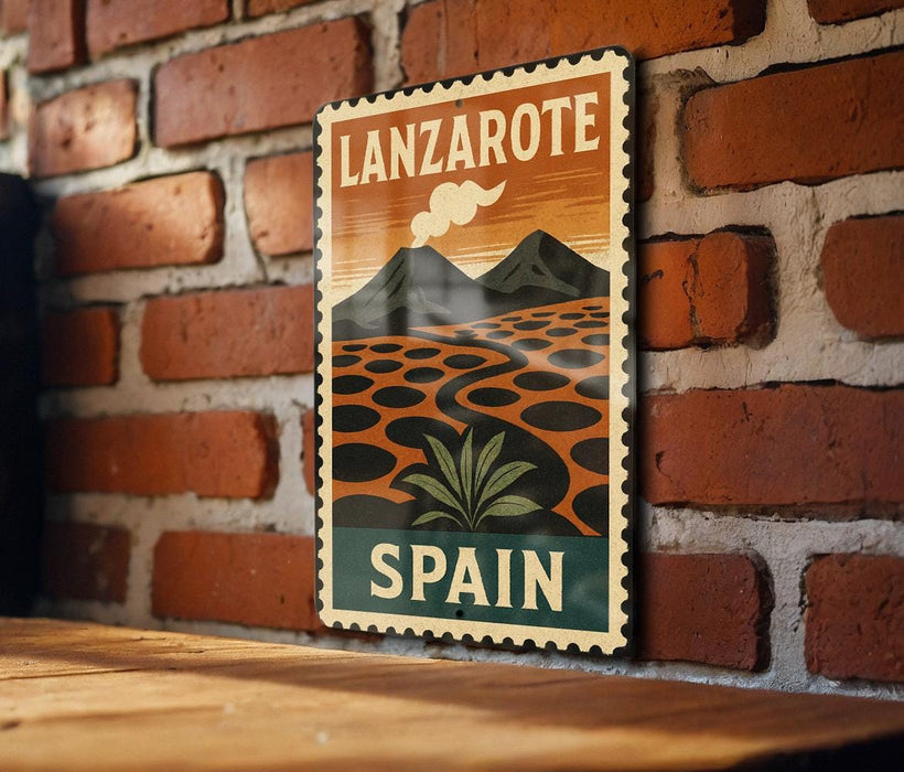 A vintage-style travel poster for Lanzarote, Spain, featuring a mountain landscape with a winding path and palm trees.