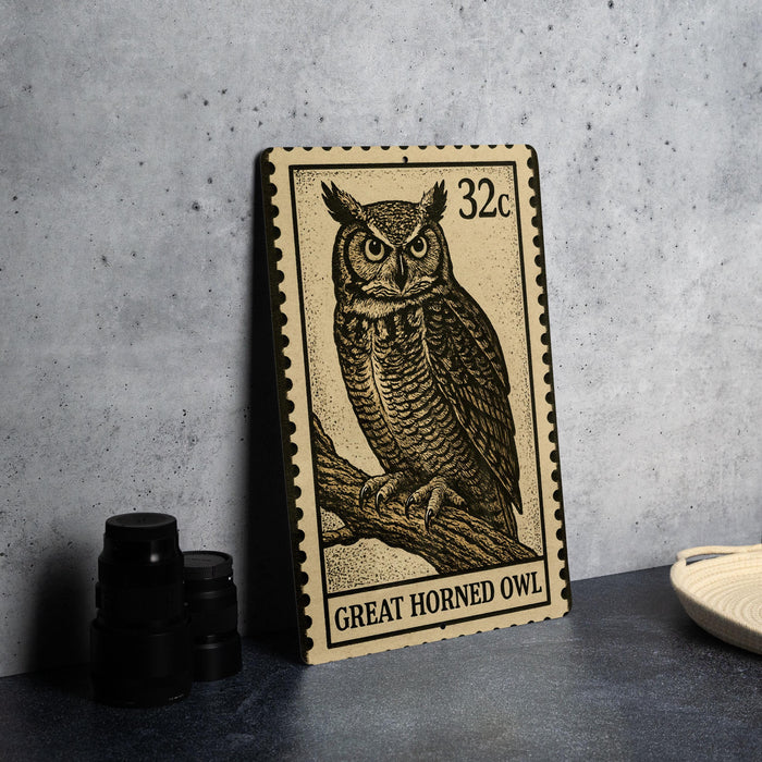 A postage stamp featuring a great horned owl, with the text "GREAT HORNED OWL" printed on it.