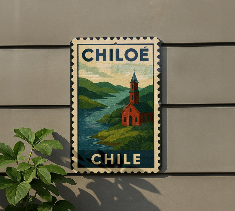 A vintage-style postage stamp depicting a church and a river in Chile, with the text "CHILE" prominently displayed.