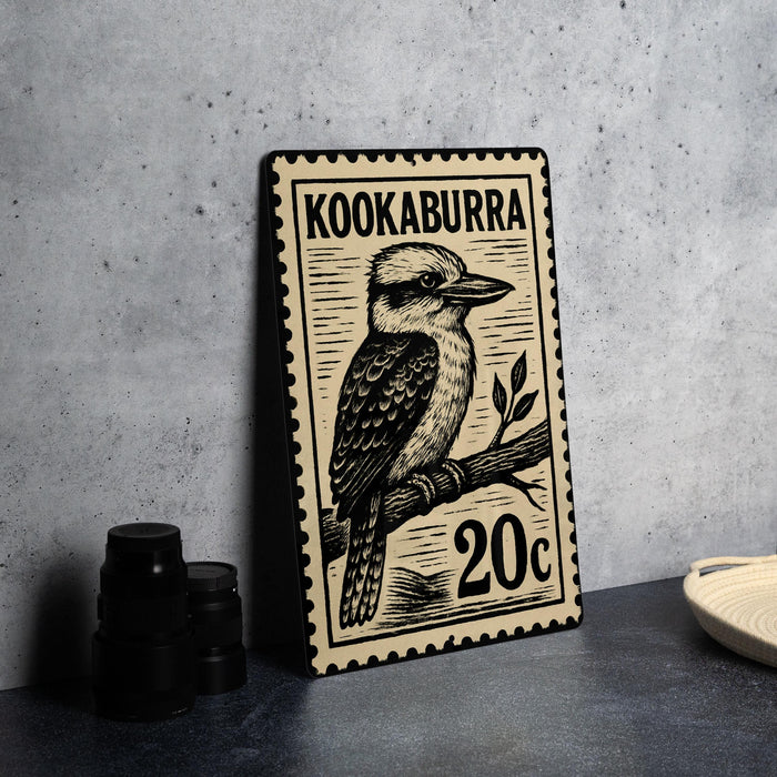 A metal stamp featuring a kookaburra, a type of bird, with the text "KOOKABURRA" and "20c" printed on it.
