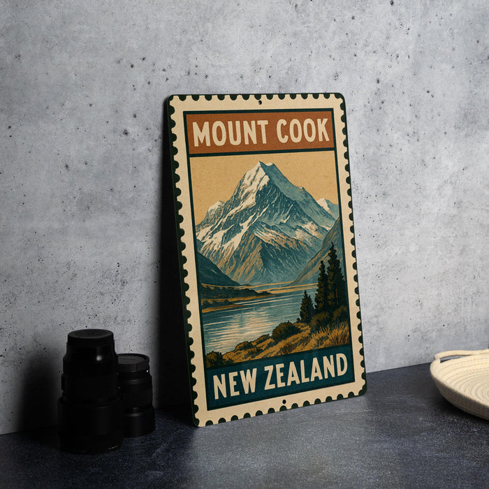 A vintage-style metal sign with the text "MOUNT COOK NEW ZEALAND" and an illustration of a mountain landscape.