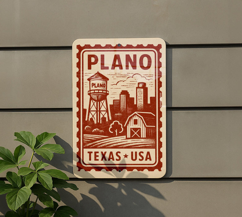A sign for Plano, Texas, with a water tower and a barn in the background, mounted on a wall.