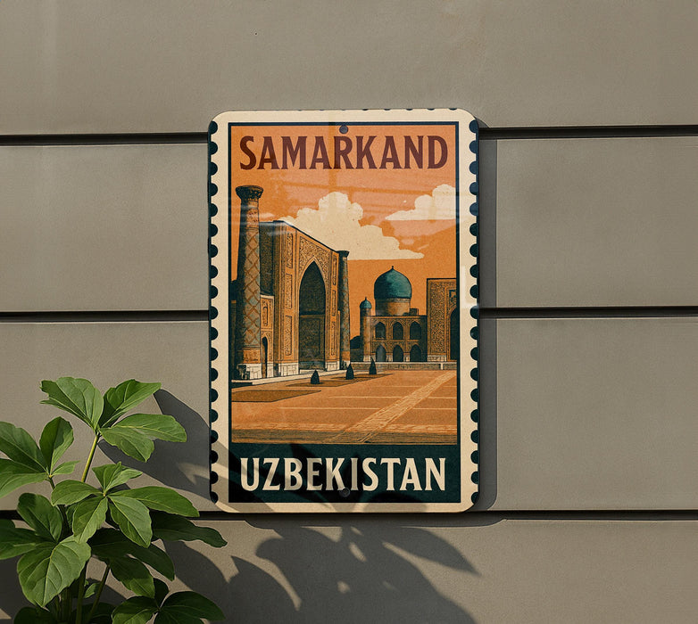 A vintage postage stamp depicting the Samarkand region of Uzbekistan, featuring a mosque and other architectural structures.