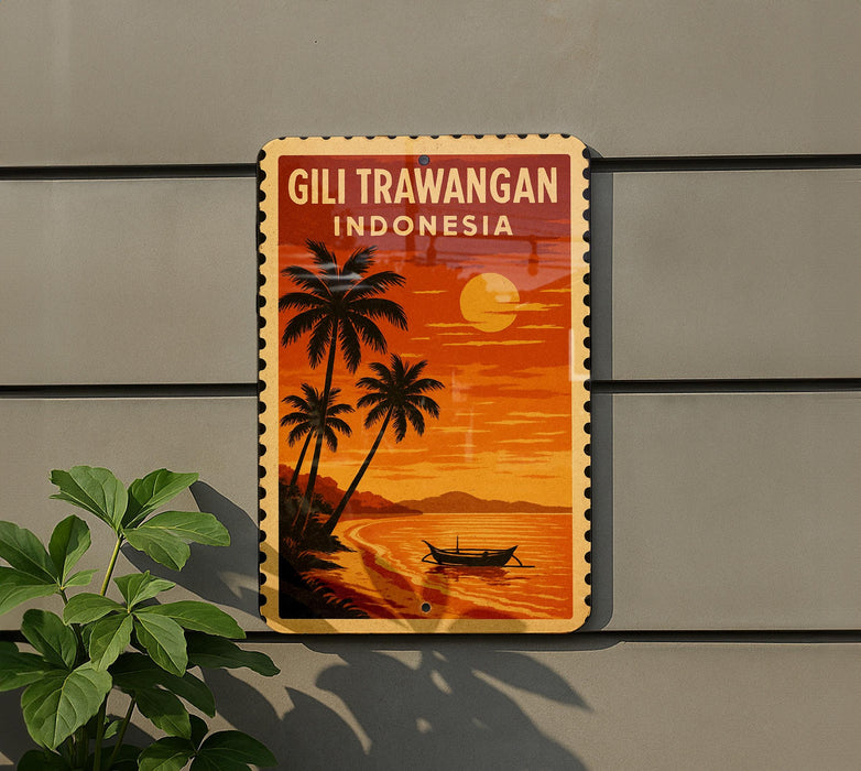 A vintage-style sign for Gili Trawangan, Indonesia, featuring a tropical beach scene with palm trees, a sunset, and a boat on the water.