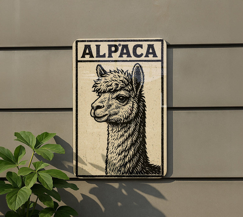 a sign with an illustration of an alpaca on it, mounted on a wall.