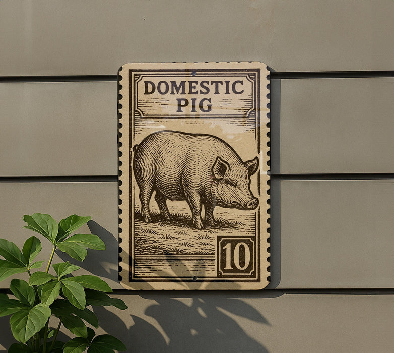 a sign that reads "Domestic Pig" and has a stamp-like design, mounted on a wall next to a plant.