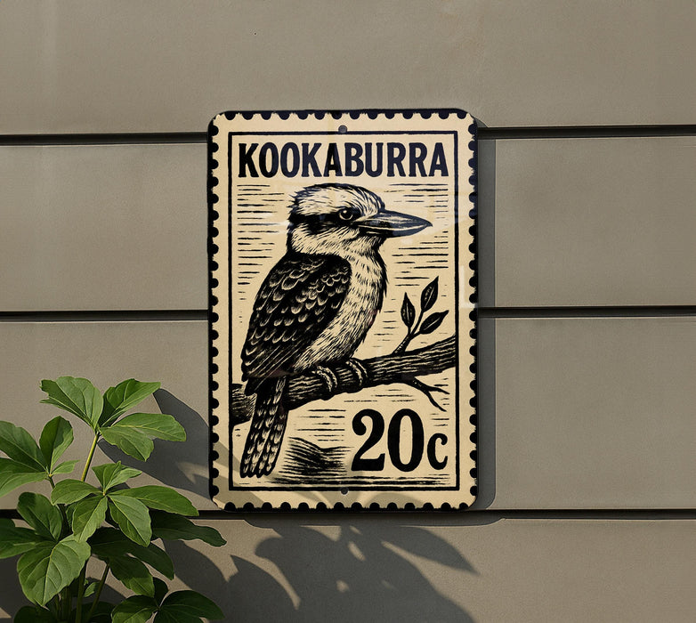 A metal sign with a kookaburra illustration and the text "KOOKABURRA 20c" is mounted on a wall.
