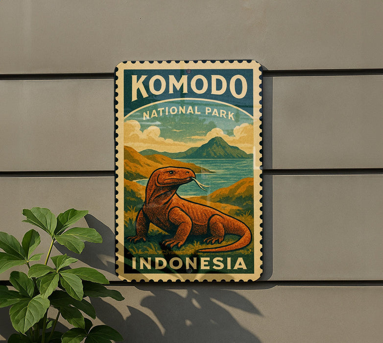 A vintage-style sign for Komodo National Park in Indonesia, featuring an illustration of a Komodo dragon.