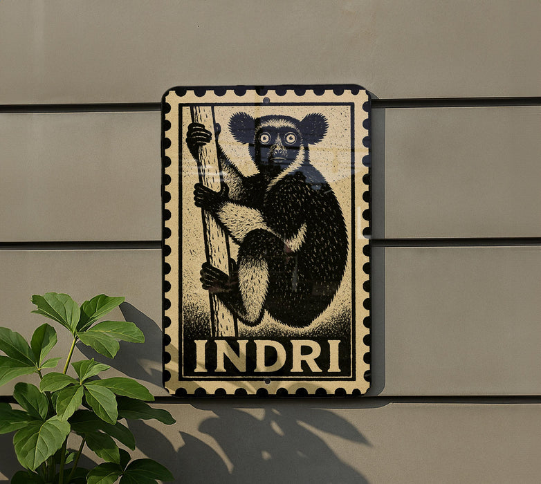 a black and white illustration of a lemur, a type of primate, on a wall.