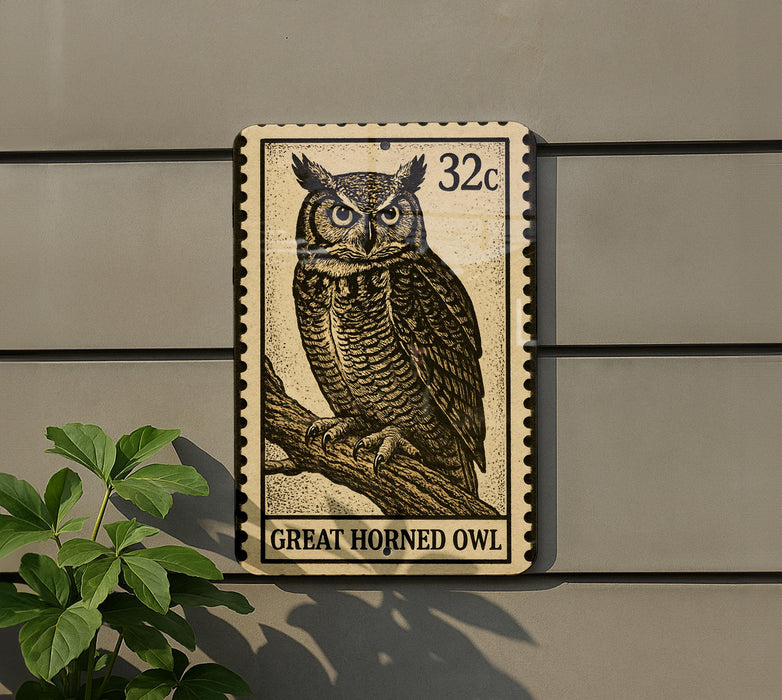 A postage stamp featuring a great horned owl is displayed on a wall, with a plant to the left.