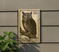 A postage stamp featuring a great horned owl is displayed on a wall, with a plant to the left.