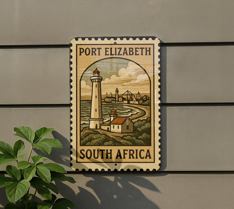 A metal sign with a lighthouse and a coastal town, mounted on a wall.